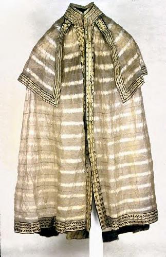 The exhibit, which closes July 20, includes this overcoat made in the 1820s of mammal intestine and dyed esophagus. 