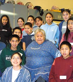 Rose Anna Dan-Waghiyi of Stebbins says preserving traditional Yupik dances makes her happy and the children happy when they learn to dance the rhythms and songs. These are some of the students who participated in the 11th Stebbins Traditional Yupik Skills and Dance Festival Jan. 29 and 30. 