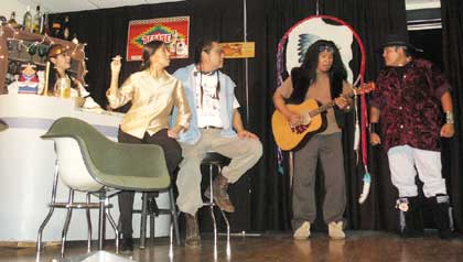 The play 'Evening at the Warbonnet' featured a talented all-native cast, including, left to right, Mable (Cami' Leonard), Artsy (John Gates), Ki (Kelly Byars) and Brave Eagle (Ernest David Tsosie III), who discussed the conditions of their souls before crossing the river to the afterlife during a performance Saturday at the Indian Pueblo Culture Center Albuquerque. (Times photo - Rick Abasta)